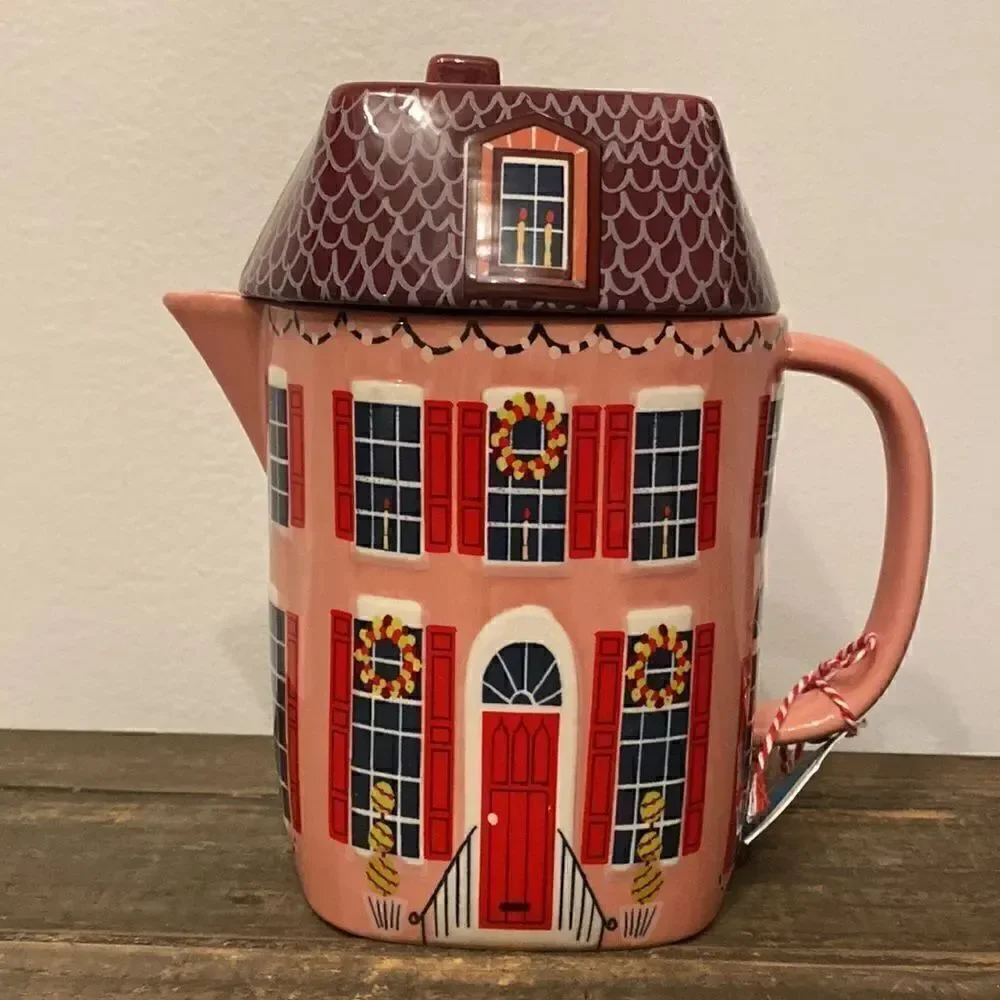 NWT ANTHROPOLOGIE Christmas Chalet Teapot Holiday House Pink Red